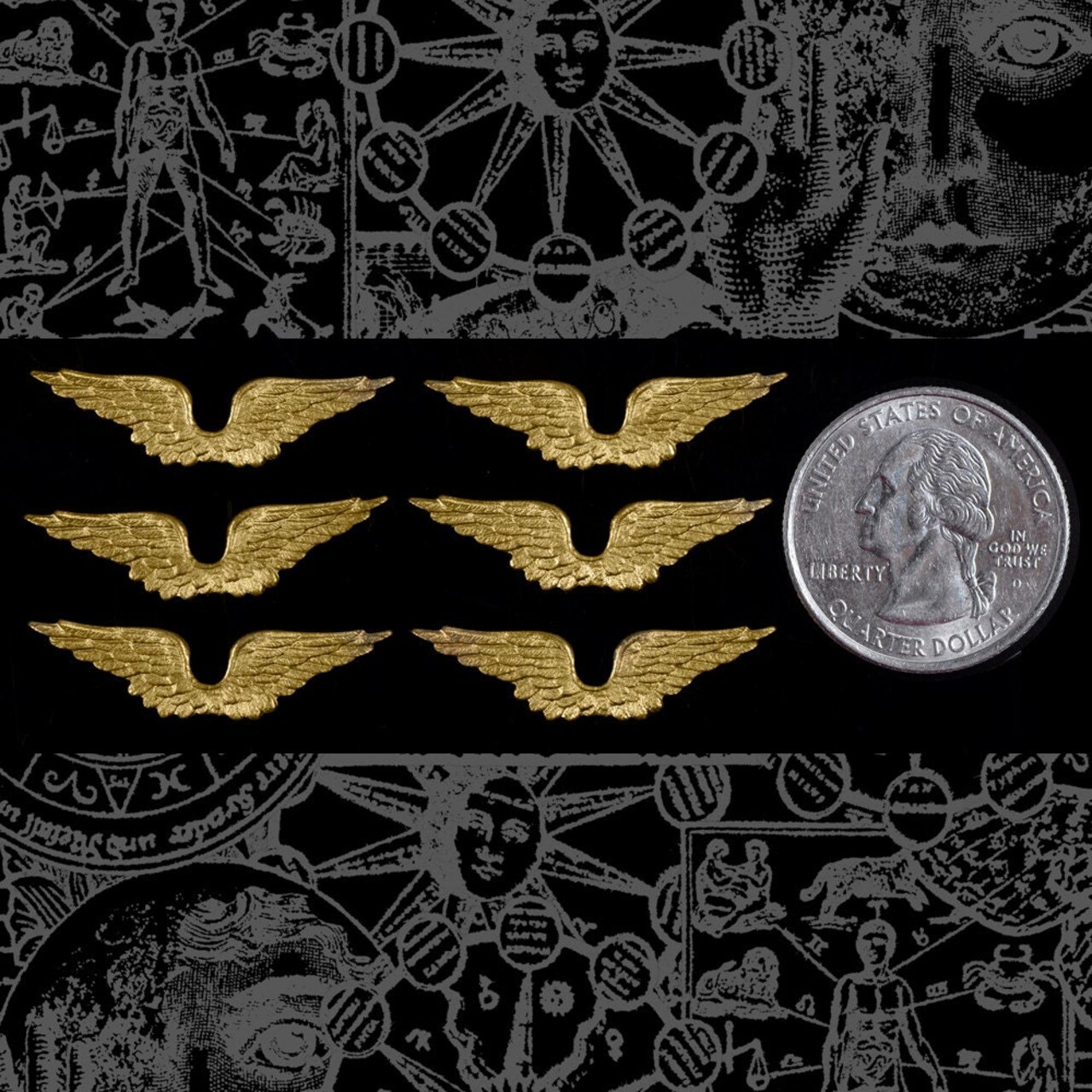 Raw Brass Medium 30mm x 8mm Connected Angel Wings Charms Set of Six B-C103